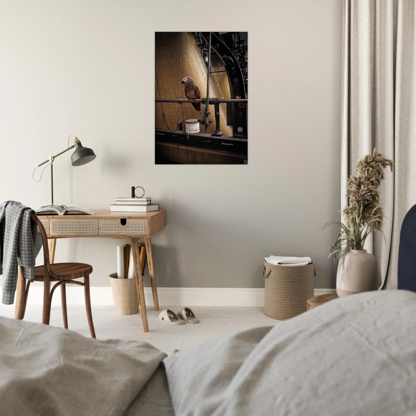 African Grey Parrot and Textile Machine - Surreal industrial Art Print in bedroom