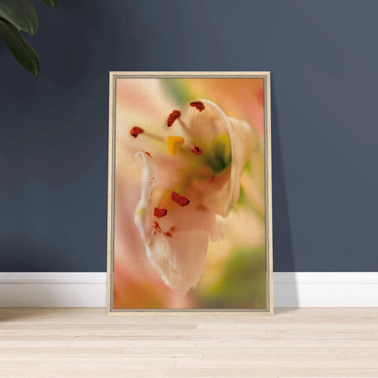 Close-up soft pink lily in dreamy green and rose  botanical artwork framed canvas