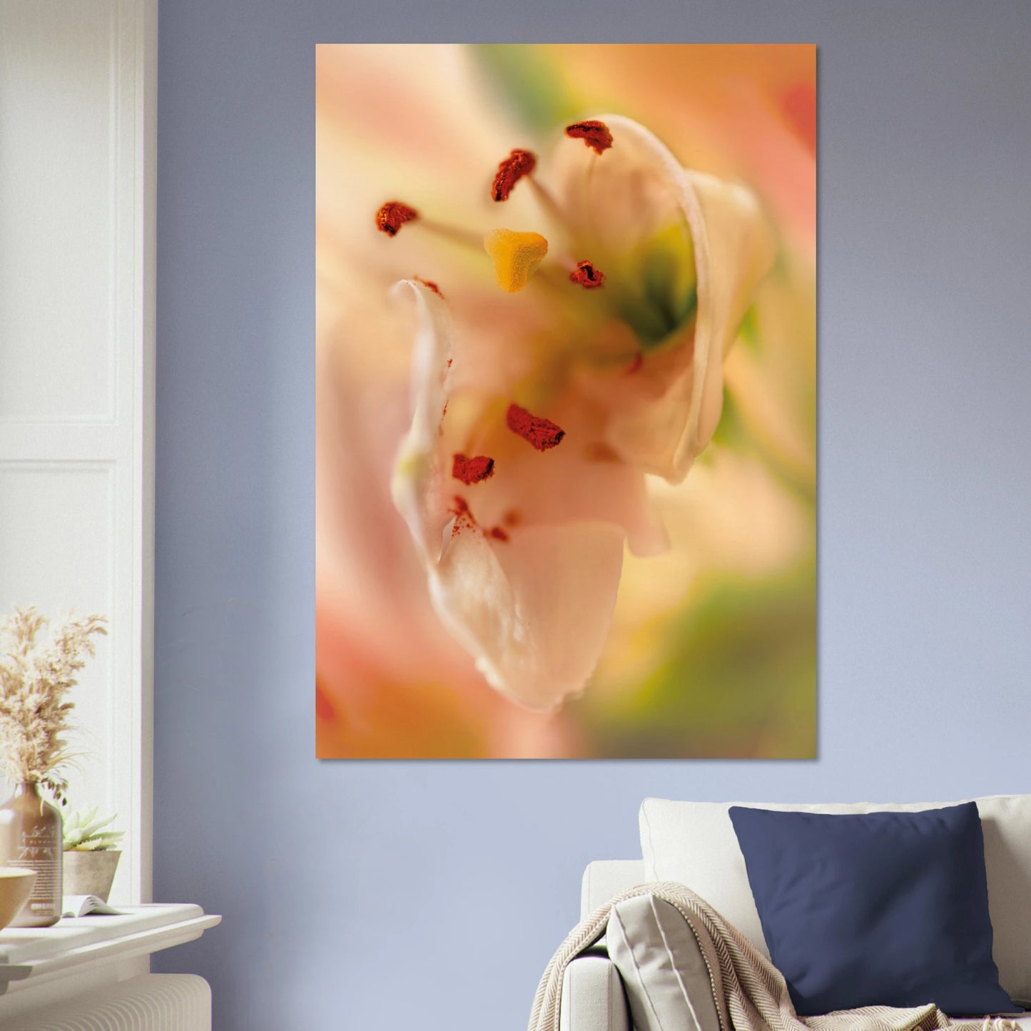 Close-up soft pink lily with red stamens and yellow pistil against a dreamy green and rose bokeh background, botanical art