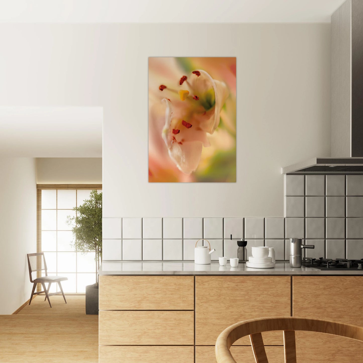Close-up soft pink lily with red stamens and yellow pistil against a dreamy green and rose bokeh background, botanical art kitchen