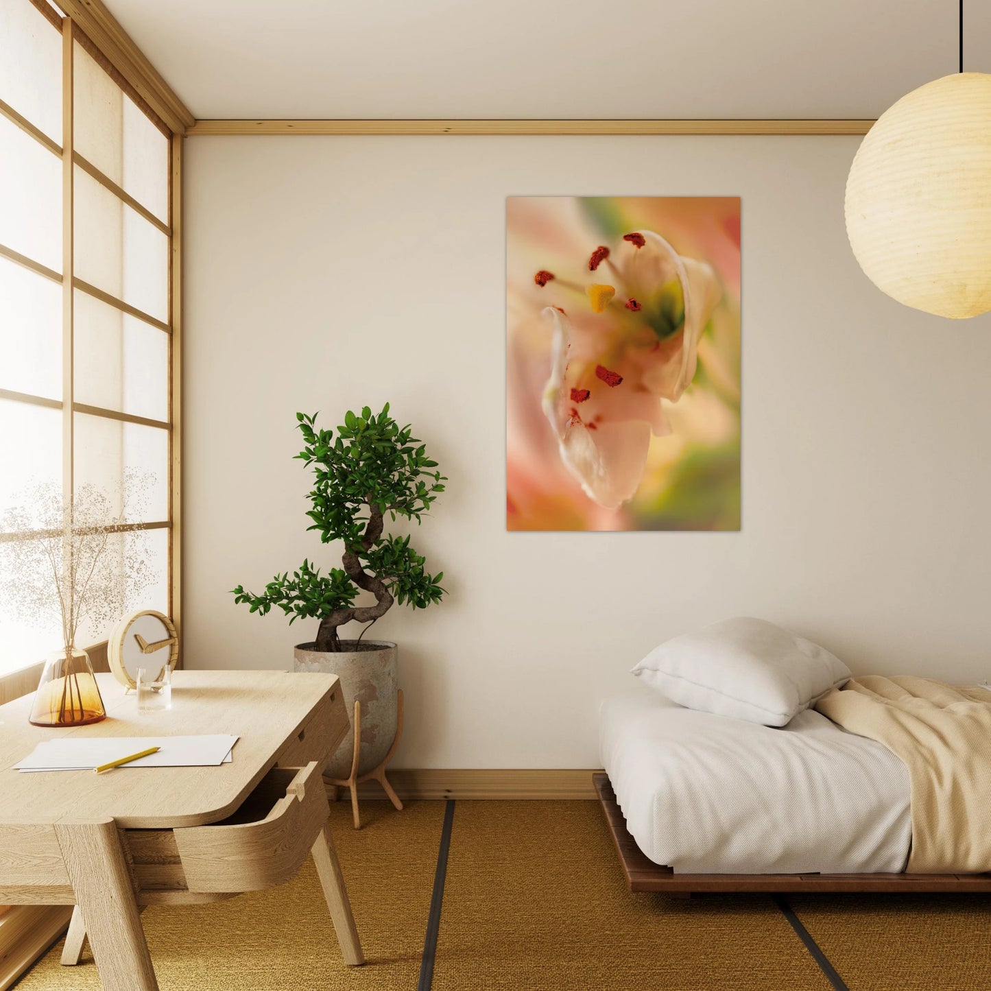 Close-up soft pink lily with red stamens and yellow pistil against a dreamy green and rose bokeh background, botanical art teenage room