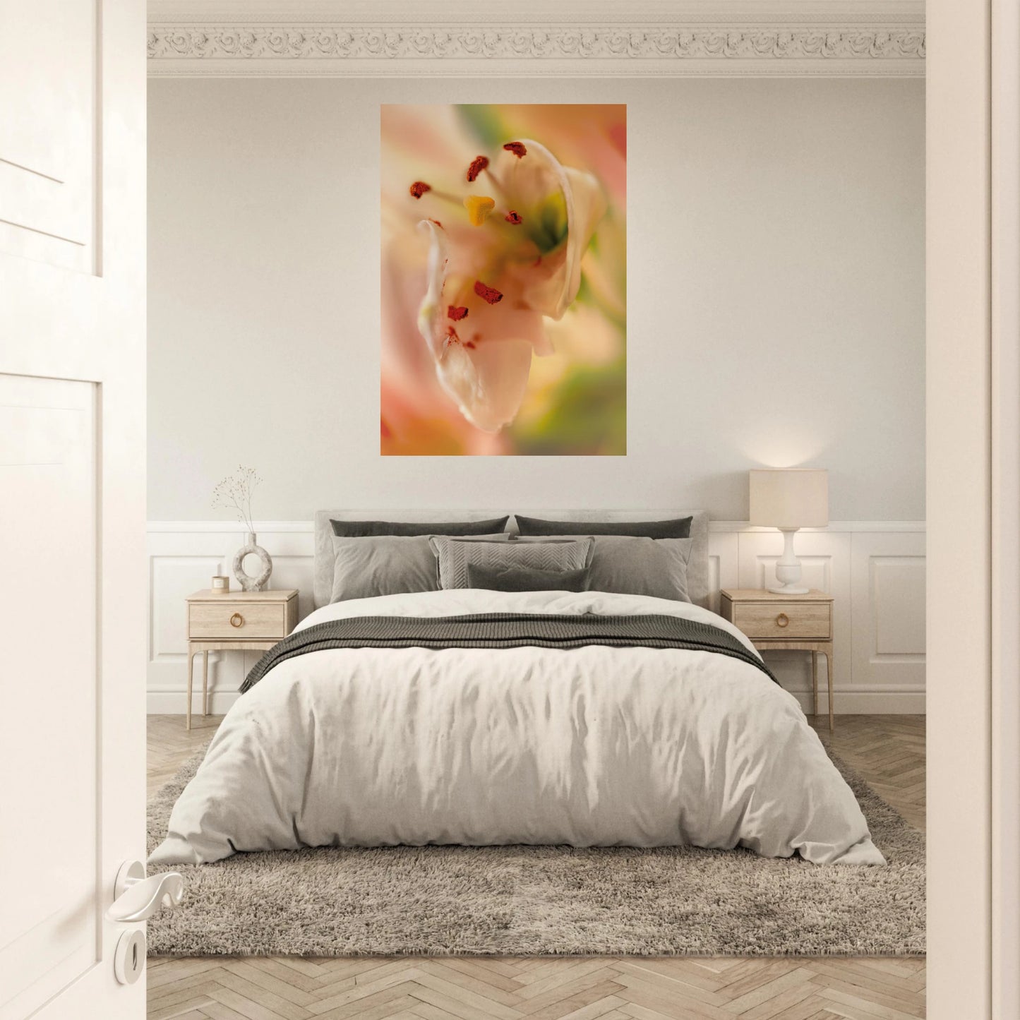 Close-up soft pink lily with red stamens and yellow pistil against a dreamy green and rose bokeh background, mindful bedroom