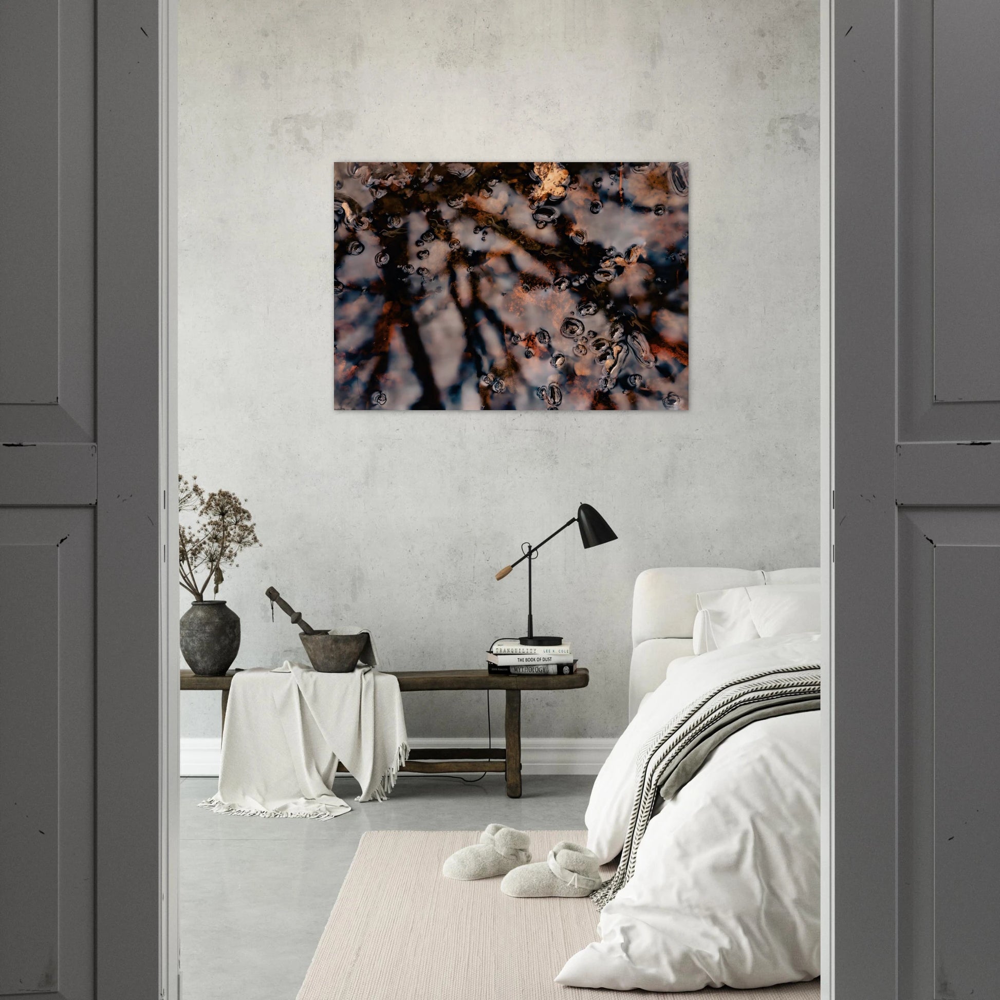 Dreamlike Pond Art Print with Swimmers, Nature wellness mindfull in bedroom
