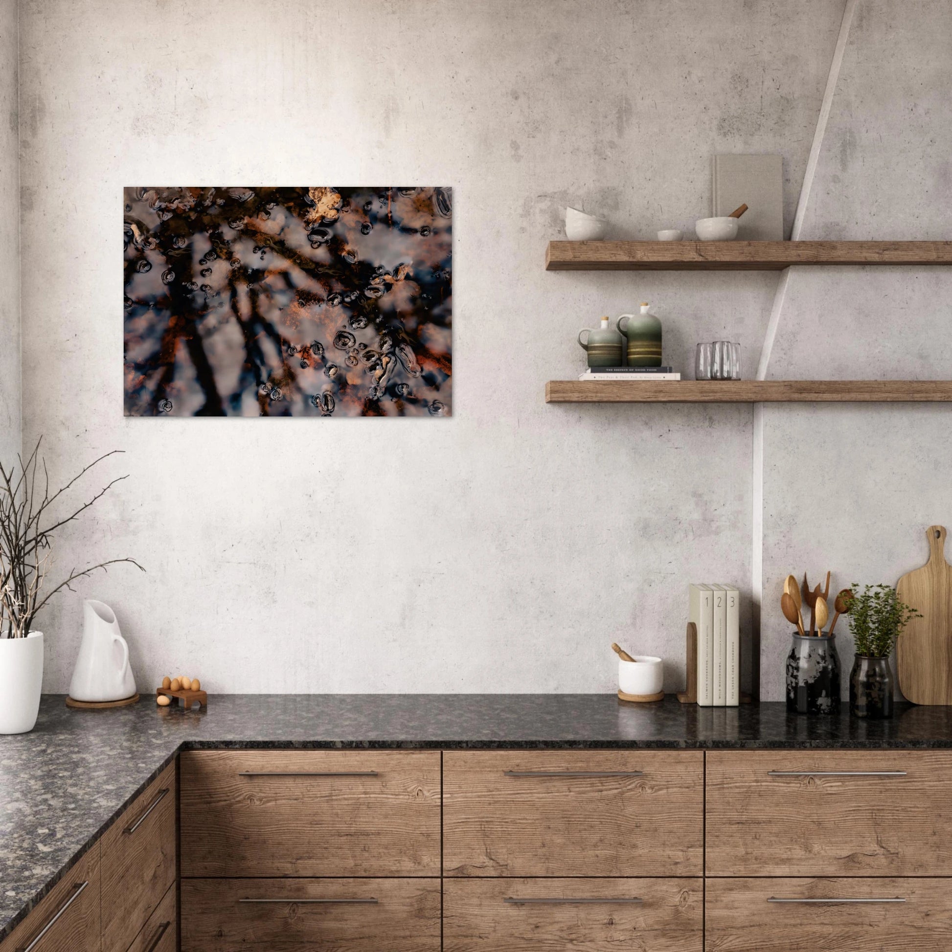 Dreamlike Pond Art Print with Swimmers, Nature wellness mindfull kitchen 