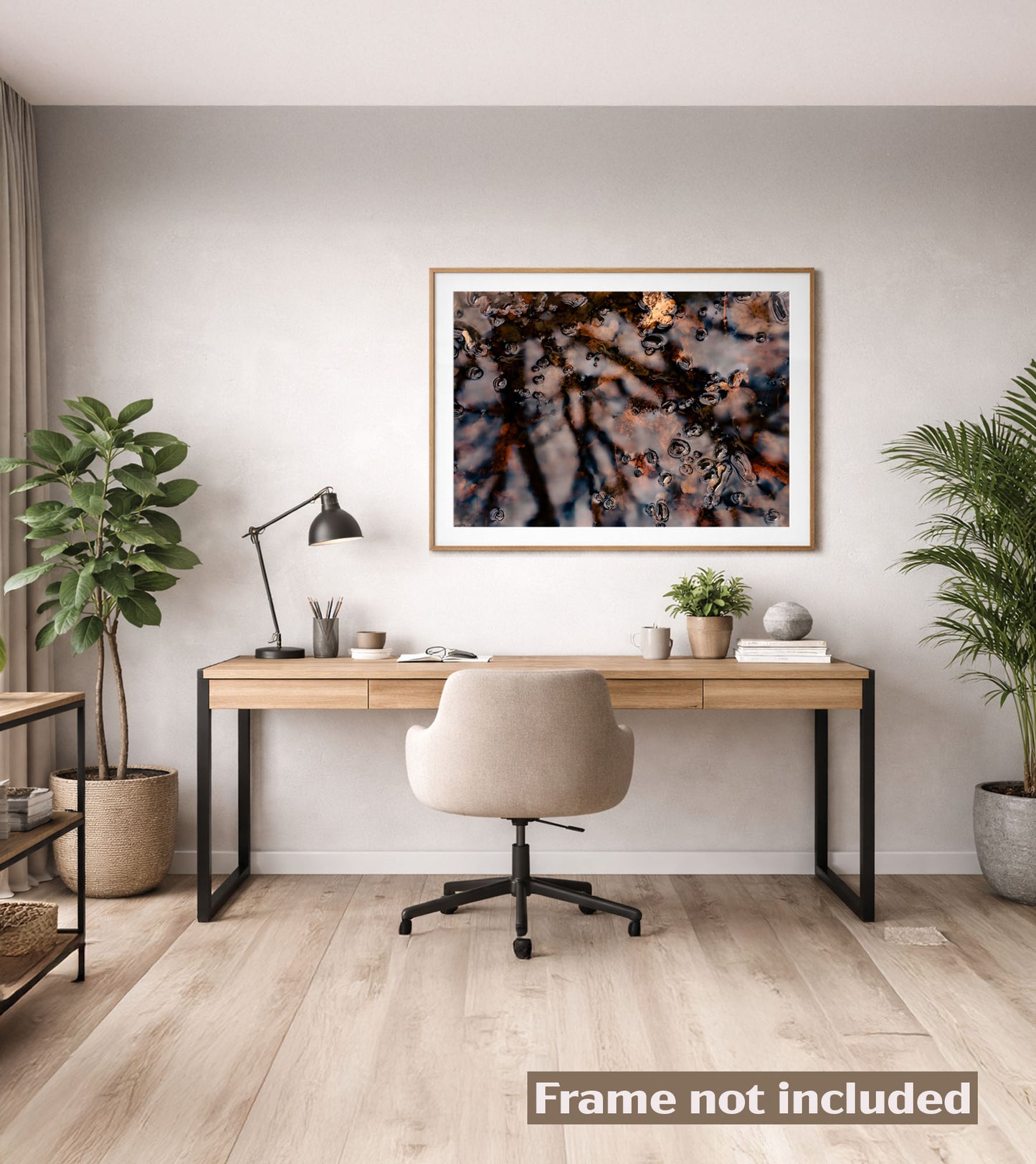 Dreamlike Pond Art Print with Swimmers, Nature wellness mindfull, modern office interiors 