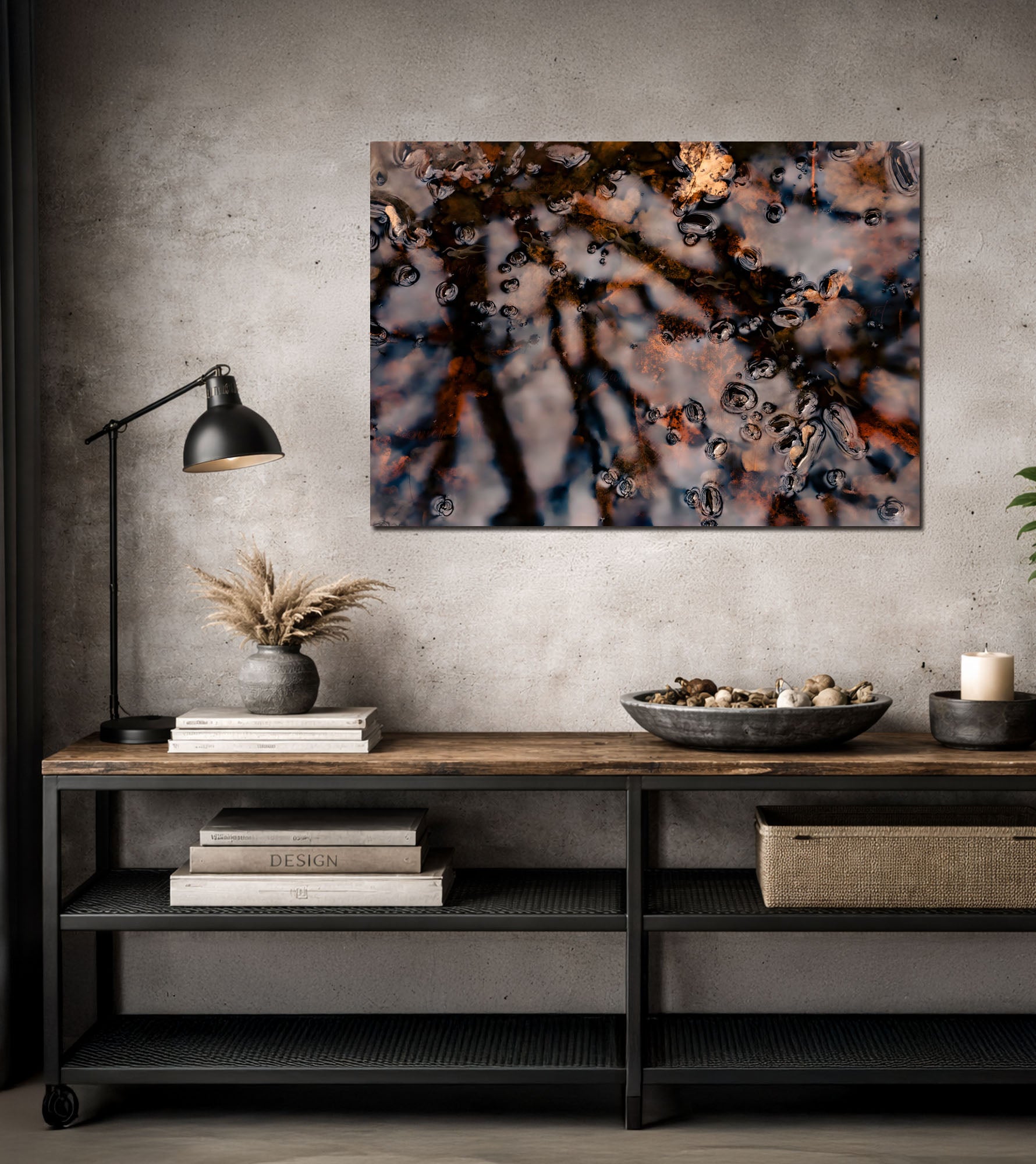 Dreamlike Pond Art Print with Swimmers, Nature wellness industrial artwork 