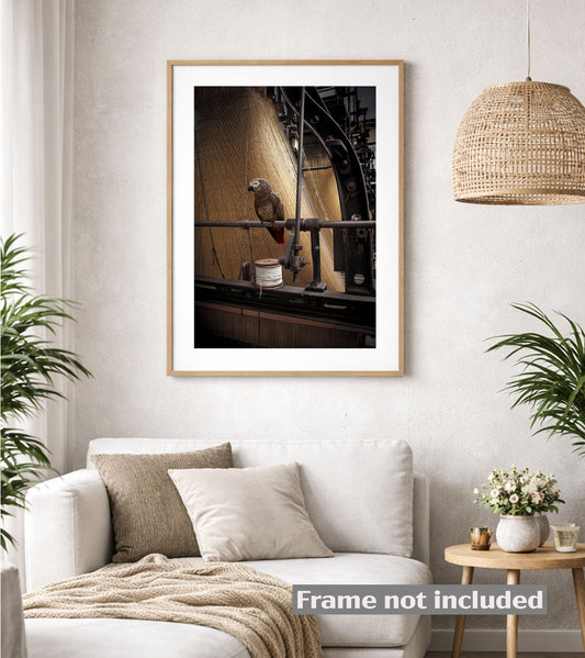 African Grey Parrot and Textile Machine - Surreal Art Print modern scandinavian living