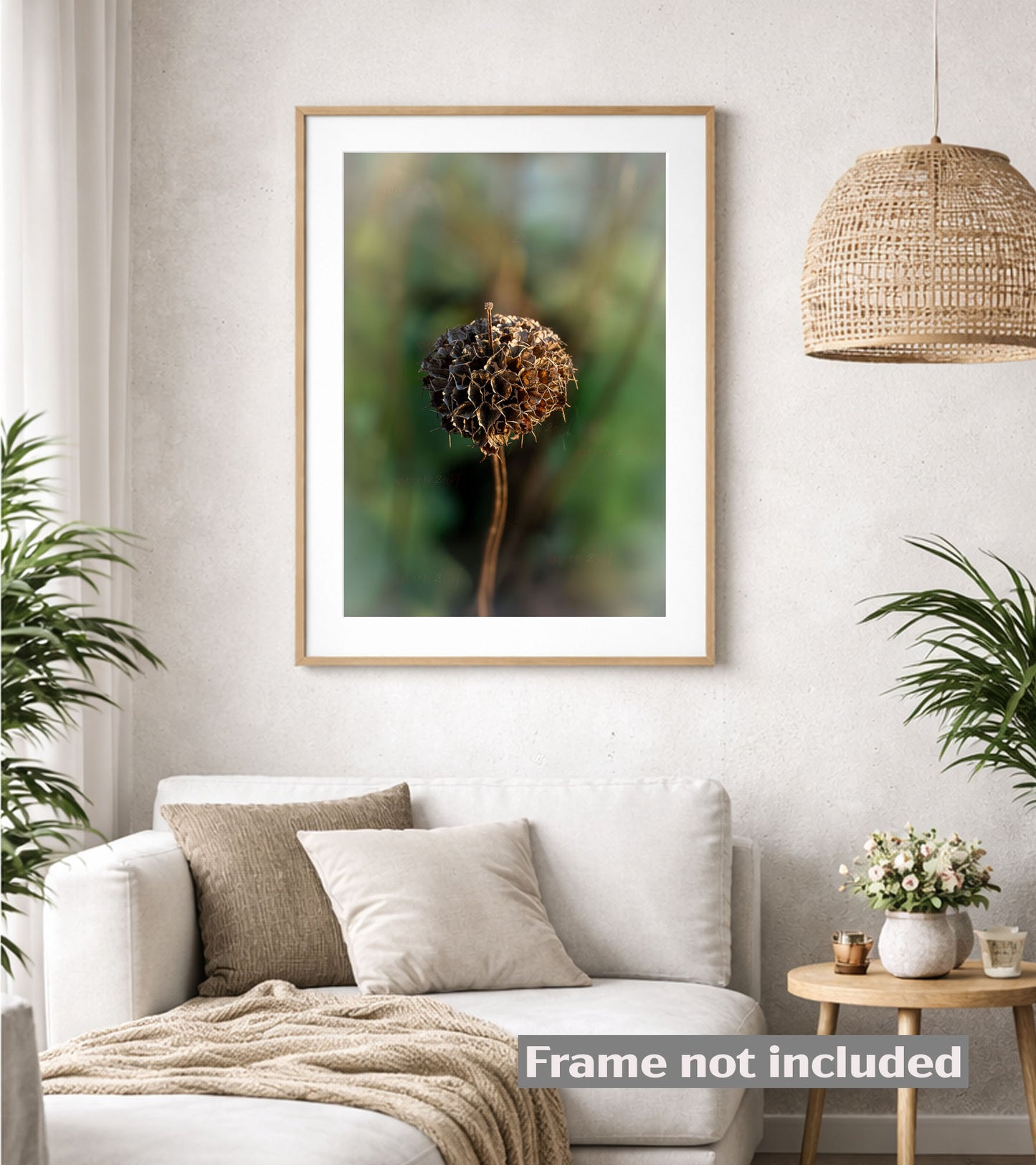 Surreal Botanical Art Print with hidden sport figures in modern living room
