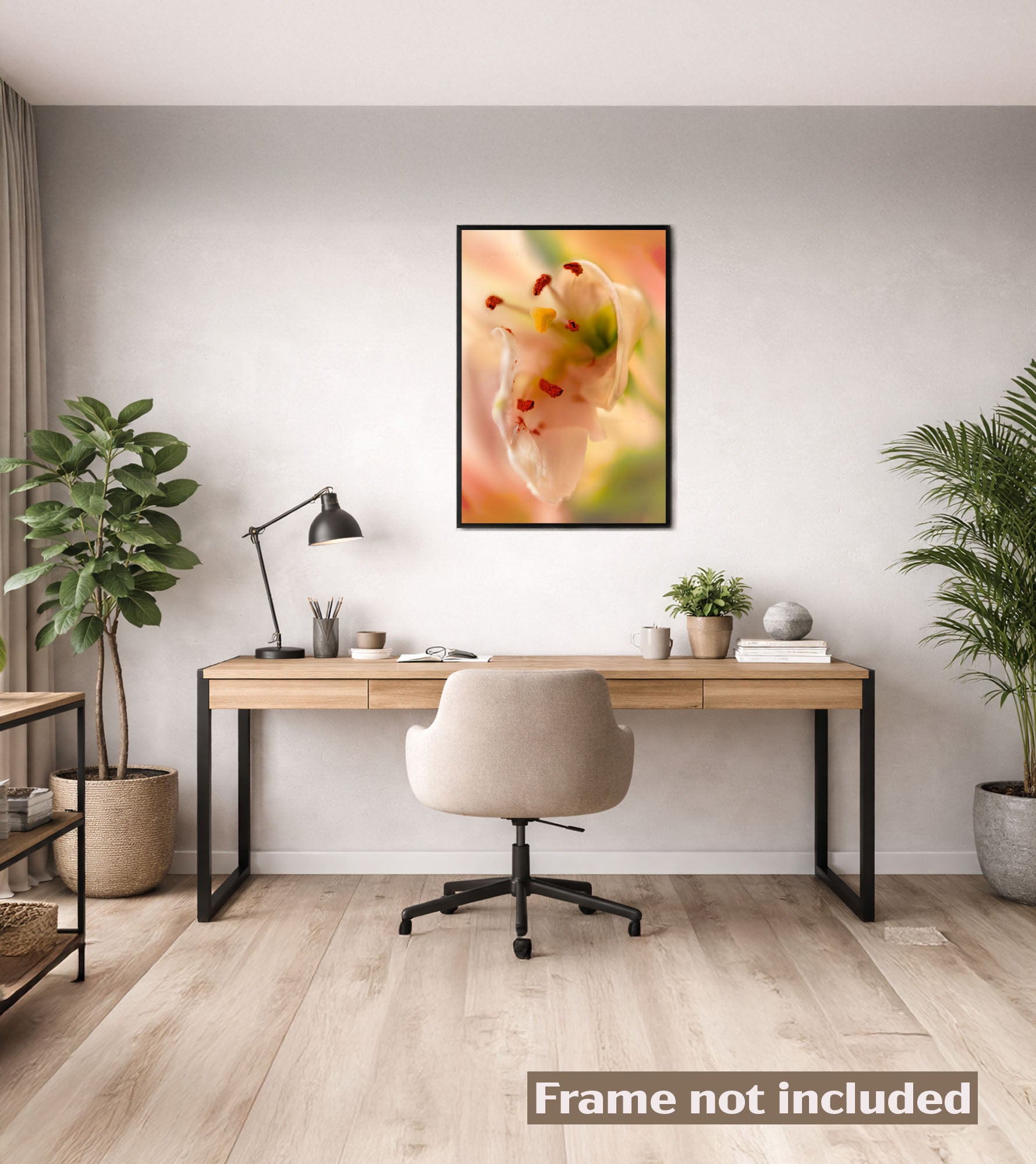 Modern home office with a desk, chair, and decorative plants, featuring lily dreamy art in pastel tones on the wall.
