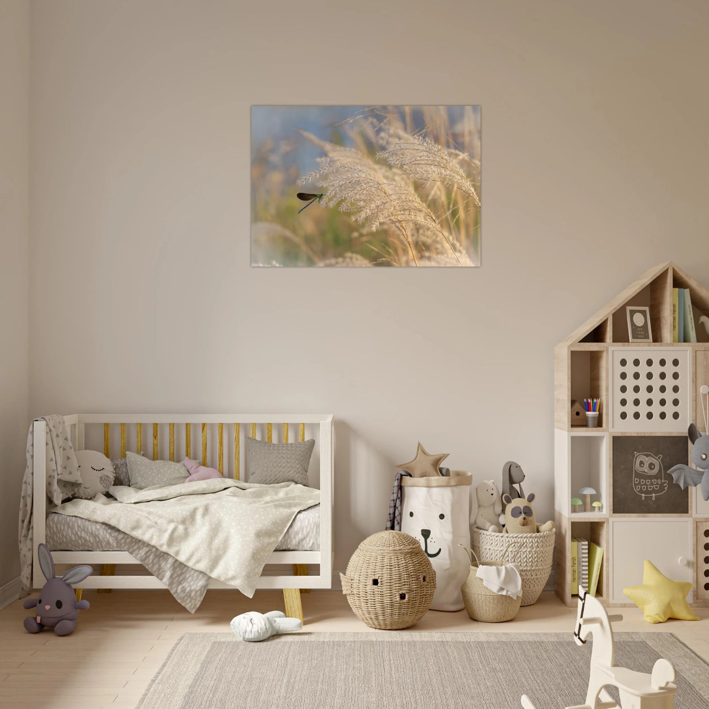 Pampas Flow Dreamlike Dragonfly Art in Soft Botanical Tones children's room