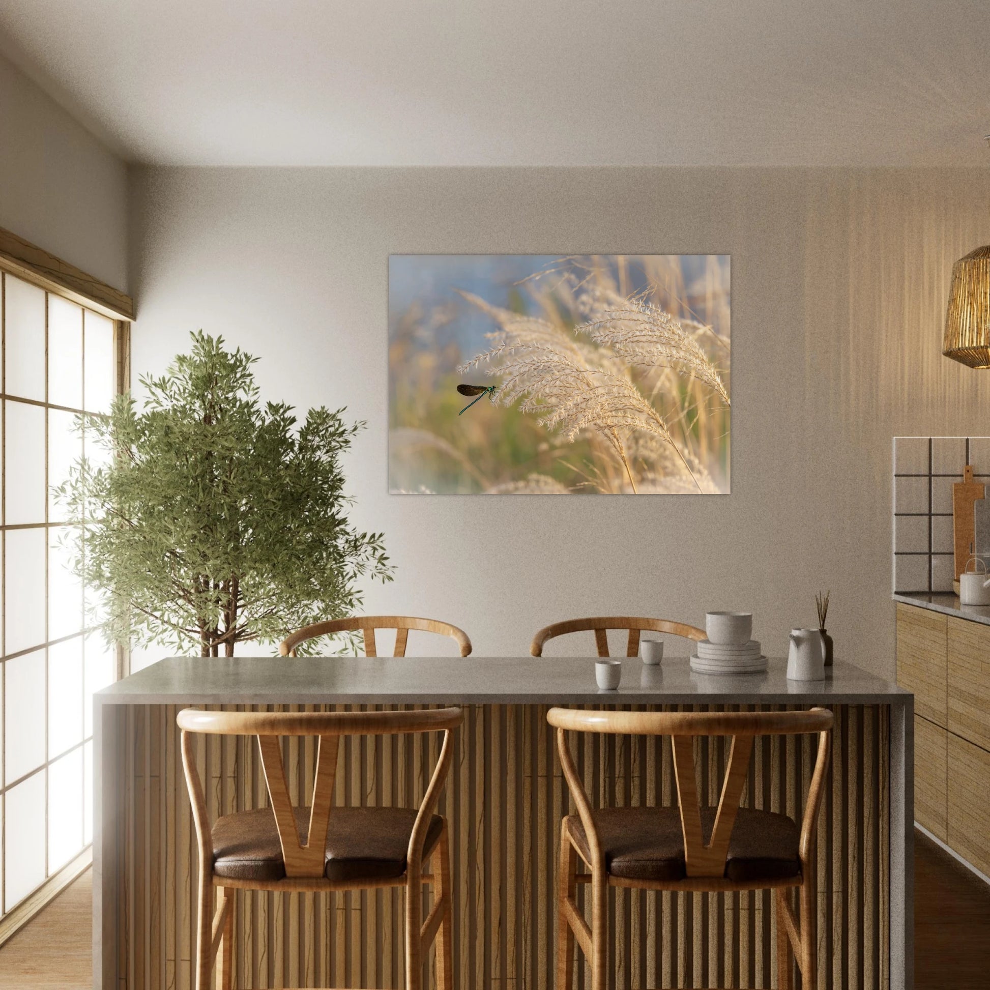 Pampas Flow Dreamlike Dragonfly Art in Soft Botanical Tones dining area