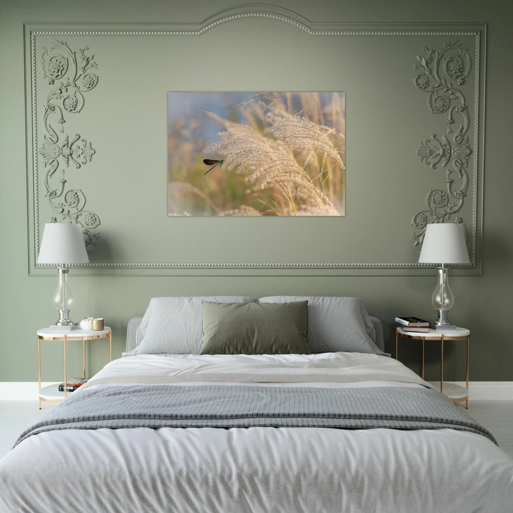 Pampas Flow Dreamlike Dragonfly Art in Soft Botanical Tones green bedroom 
