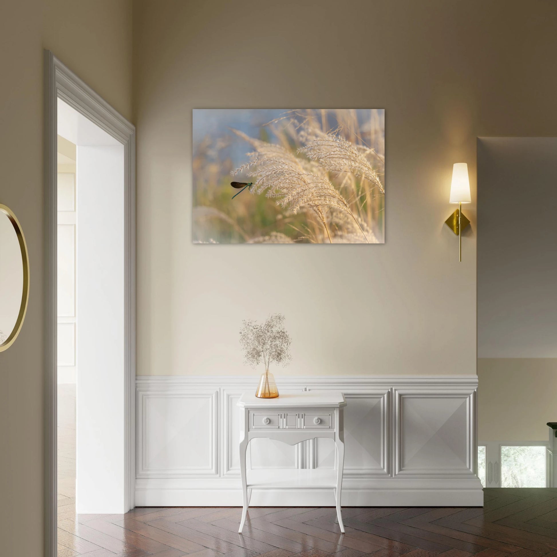Pampas Flow Dreamlike Dragonfly Art in Soft Botanical Tones in hall