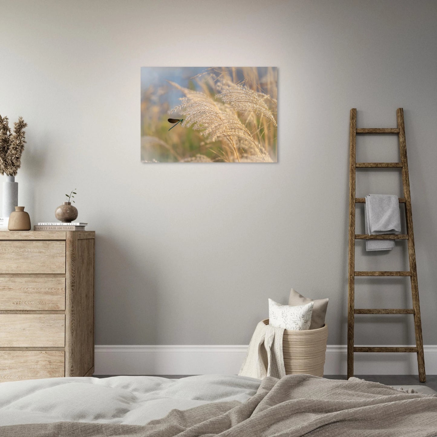 Pampas Flow Dreamlike Dragonfly Art in Soft Botanical Tones in bedroom