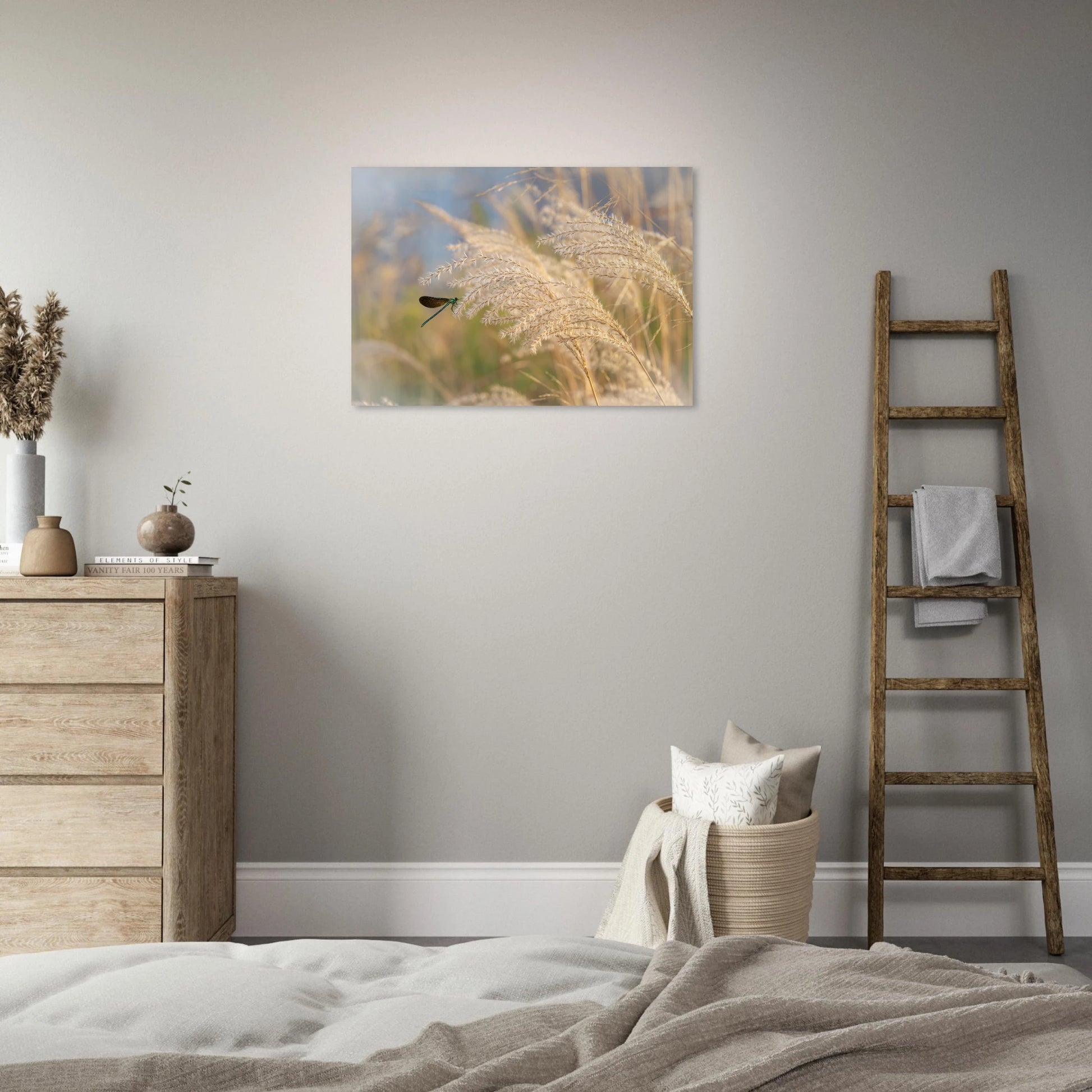 Pampas Flow Dreamlike Dragonfly Art in Soft Botanical Tones in bedroom