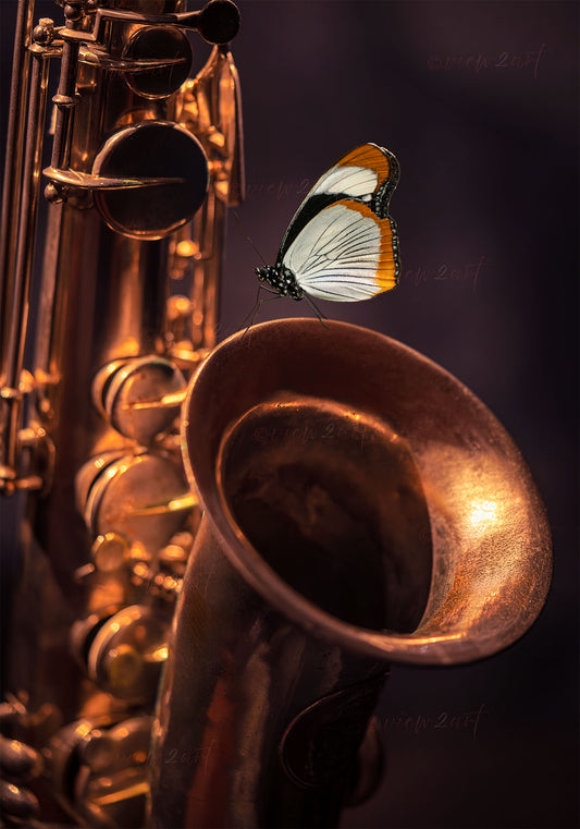 Industrial artwork of a Red Spot Diadem butterfly on a saxophone, copper purple tones
